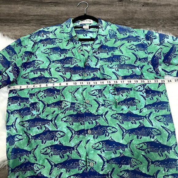 Orvis Mens Medium Green Fish Print Short Sleeve Button Front Cotton Shirt - Picture 5 of 9